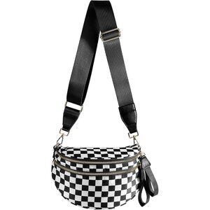 Women Black White Imported Polyester Checkered Crossbody Fanny Pack Belt Bum Bag